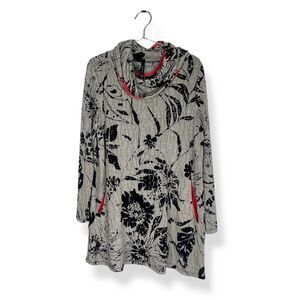 IC by Connie K Black and Grey Floral Cowl Neck Tunic Top with Pockets